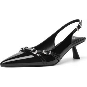 Black Pointed Toe Pumps Leather Low Heel Slingback Heels with Buckle Dress Shoe
